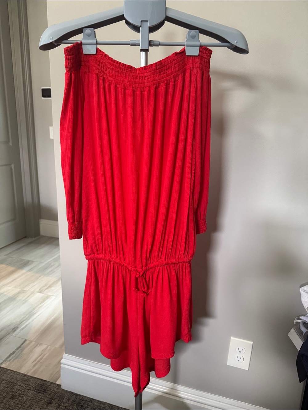 Raisins Red Off-Shoulder Swim Coverup Romper Small